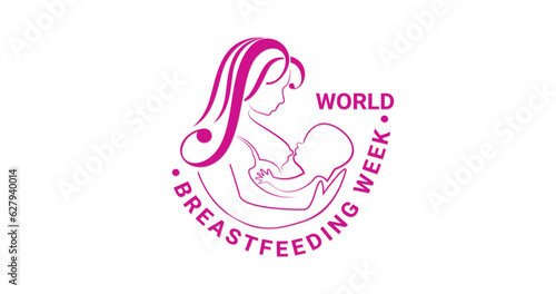 World Breastfeeding Week Design with outline style for loving long-haired mom holding her baby and breastfeeding. Mother and baby Logo Design. Great for posters, stickers, and banners 