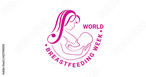 World Breastfeeding Week Design with outline style for loving long-haired mom holding her baby and breastfeeding. Mother and baby Logo Design. Great for posters, stickers, and banners
