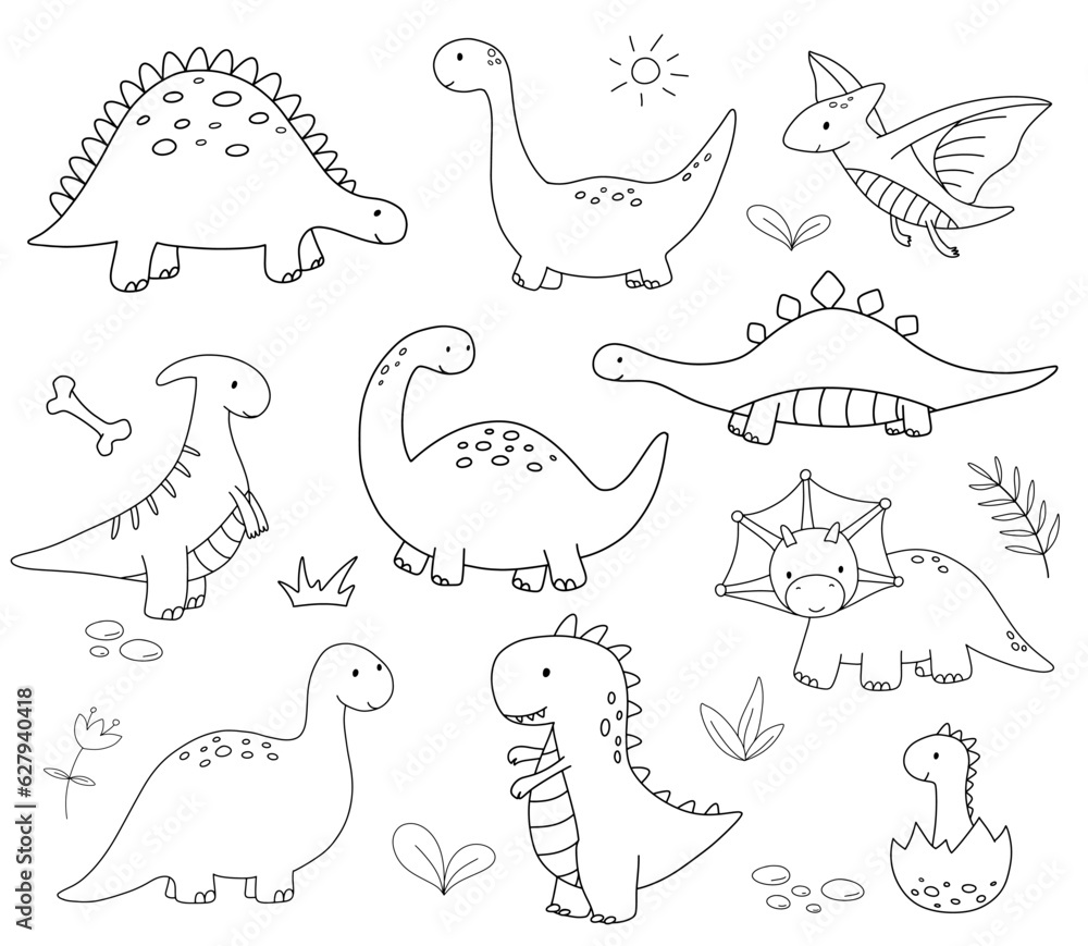 Set of cute little baby dinosaurs. Vector outline doodle illustrations isolated on white background for childish coloring book. Pterodactyl and T-rex Set of cute little baby dinosaurs. Vector outline doodle illustrations isolated on white background for childish coloring book. Pterodactyl and T-rex