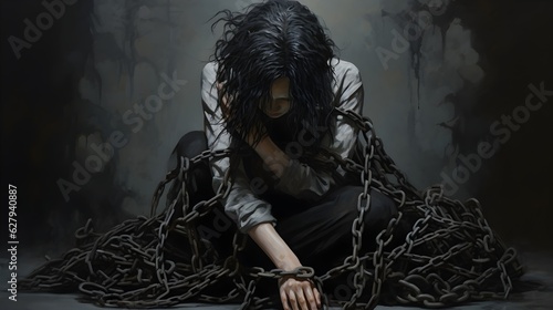 A woman covered with chains, chains portrays difficulties in her marriage