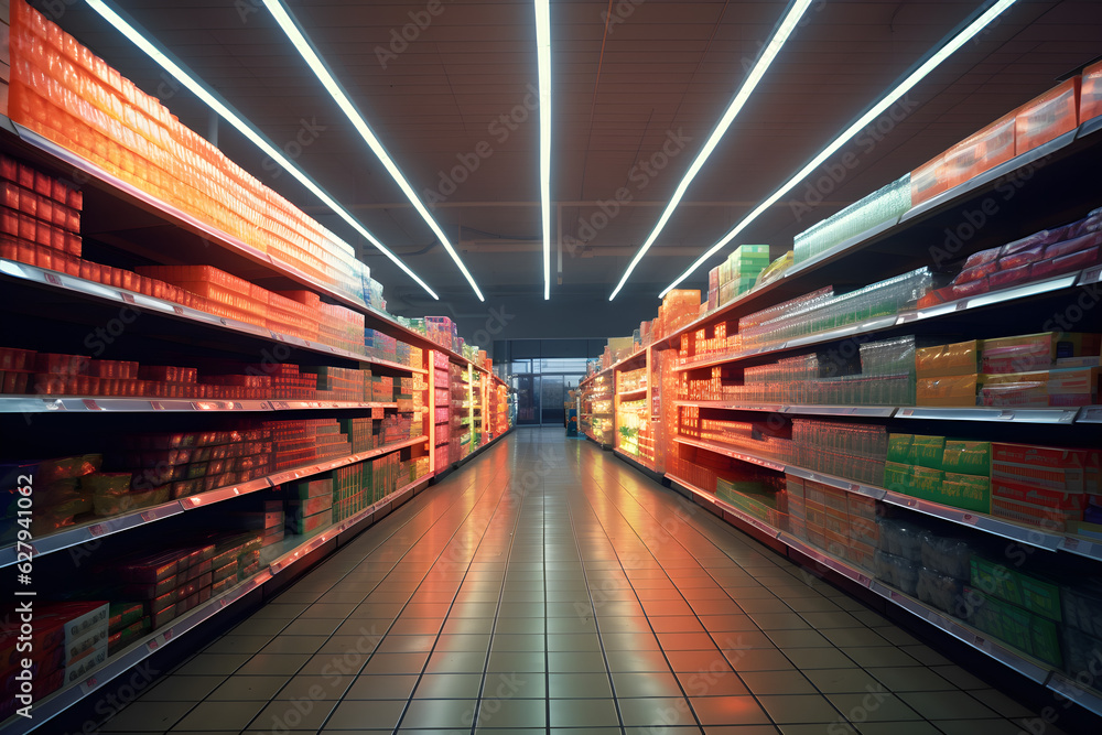 supermarket aisle with neon lights