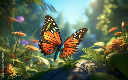 Butterfly in a fairy tale jungle background, Generative Ai © Flowstudio