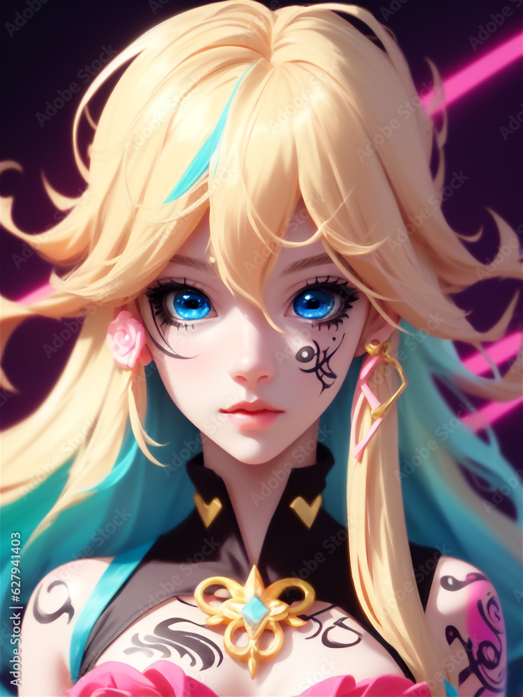Beautiful anime girl with colorful hair. Aesthetic anime girl with colorful eyes in three-dimensional design. Girl with a face tattoo. Beautiful anime girl with colorful hair. Aesthetic anime girl with colorful eyes in three-dimensional design. Girl with a face tattoo.