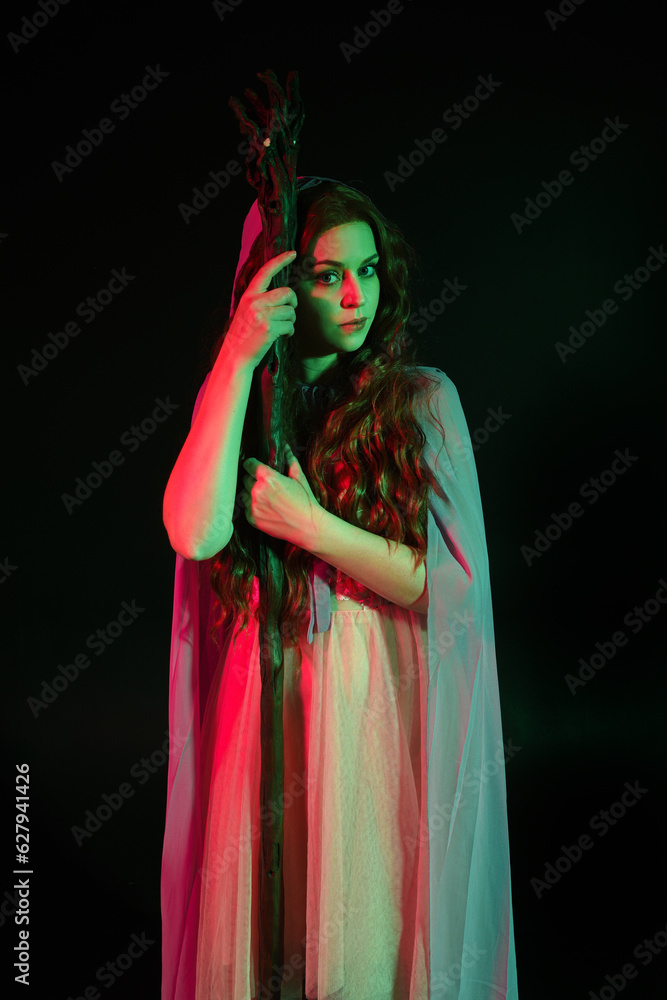 Fototapeta premium portrait of beautiful brunette woman wearing a gown with purple fantasy cloak holding a wooden wizard staff, isolated on dark studio background with cinematic colourful lighting. 
