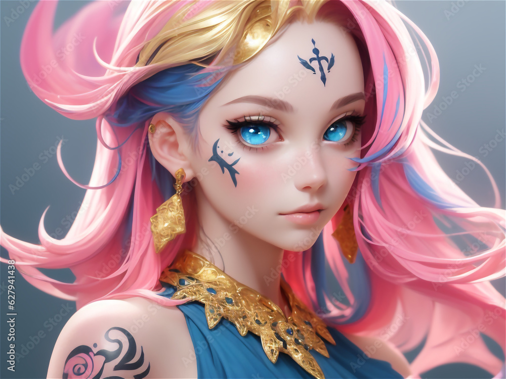 Beautiful anime girl with colorful hair. Aesthetic anime girl with colorful eyes in three-dimensional design. Girl with a face tattoo.
