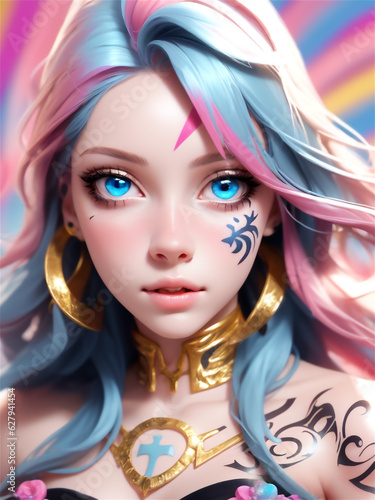 Beautiful anime girl with colorful hair. Aesthetic anime girl with colorful eyes in three-dimensional design. Girl with a face tattoo. © Frozen Design