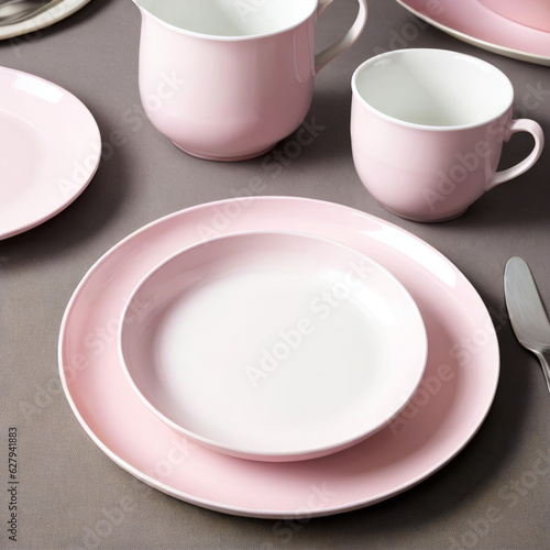 Gently pink crockery on the table. AI generation. Beautiful pink plates and mugs.