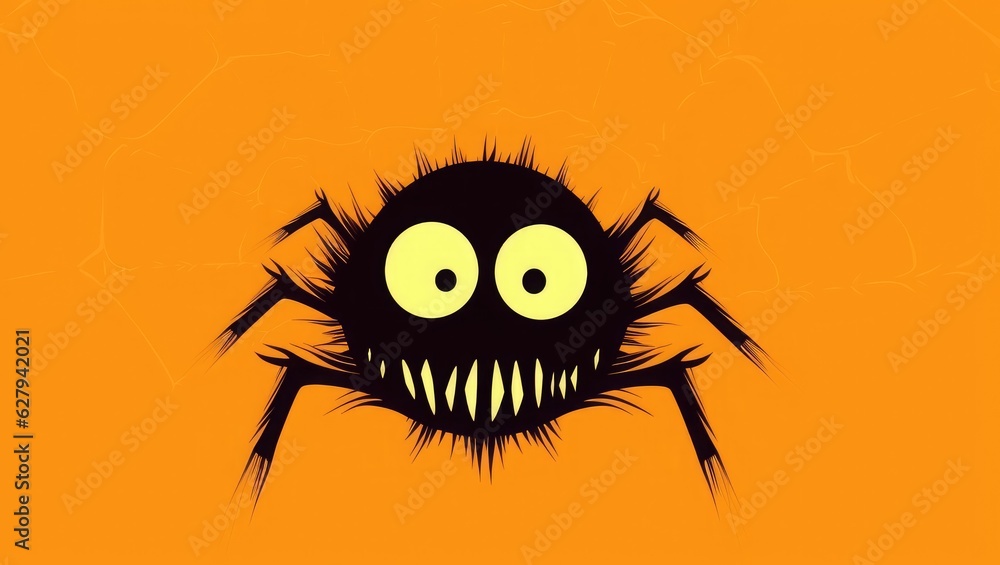 Spider monster silhouette. Cute kawaii cartoon funny character. Baby kids collection. Happy Halloween. Flat design. Orange and black background. Generative AI