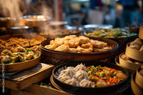 Brunch spread with a variet of dishes pastries. Village Breakfast with pastries  vegetables  greens  spreads  cheeses  fried eggs  jams.