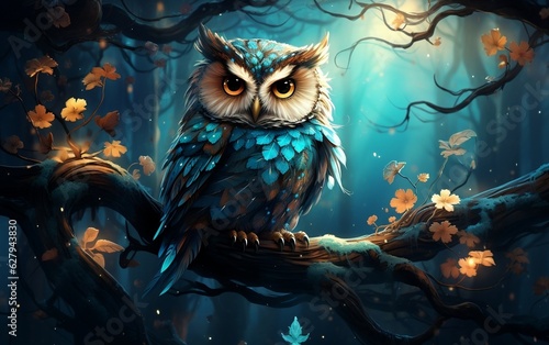 An owl perched on a tree branch in the moonlight, Generative Ai