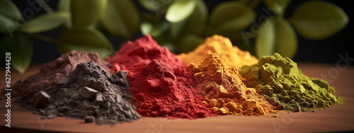 Powdered natural food colors obtained from vegetable raw materials, vegetables, fruits to give a natural color to confectionery or sweeteners. Generative AI content.