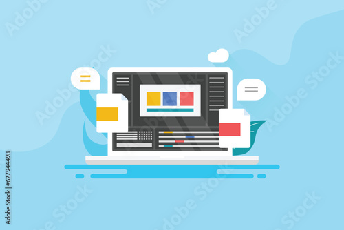 Video editing software, timeline window dashboard interface, motion design application program on laptop screen. Vector illustration web banner concept. 