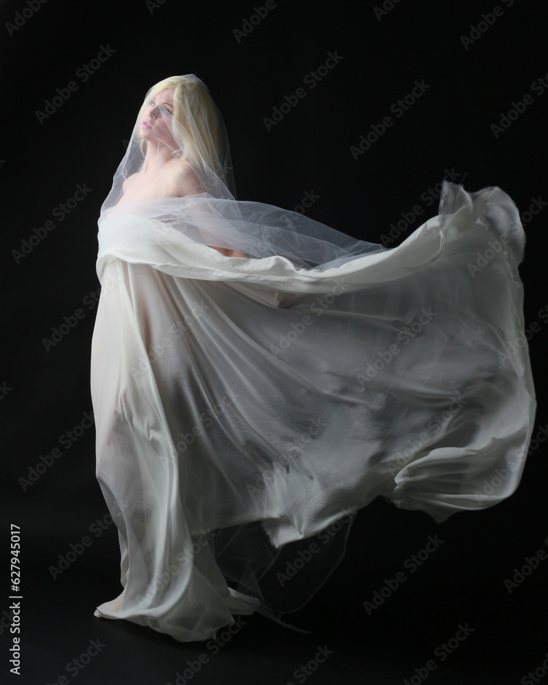 Full length portrait of beautiful blonde woman wearing white gown dress with flowing ghostly veiled fabric, isolated on dar studio background. Full length portrait of beautiful blonde woman wearing white gown dress with flowing ghostly veiled fabric, isolated on dar studio background.