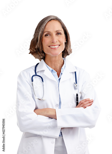 Portrait, woman and doctor with crossed arms for confidence, pride and healthcare career. Medical, smile and happy female surgeon professional from Canada isolated by a transparent png background. photo