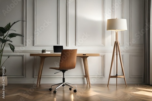 Generate an image of a contemporary desk lamp with a sleek design, positioned on a glass table, with the lamp turned on to illuminate the surrounding area. photo