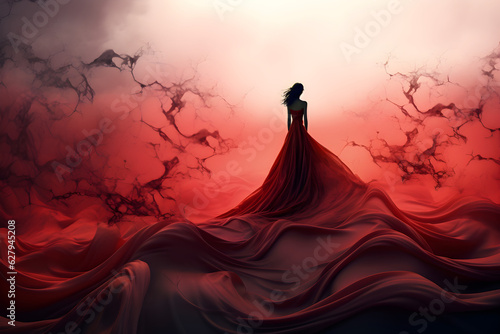 beautiful surreal abstract background with woman in long flowing red dress