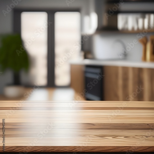 Wood table with blurred modern apartment interior background  Empty wooden tabletop with blurred kitchen background  wood table  AI generate