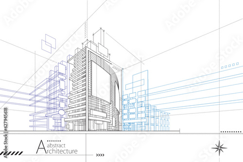3D illustration abstract modern urban building out-line drawing of imagination architecture building construction perspective design. 