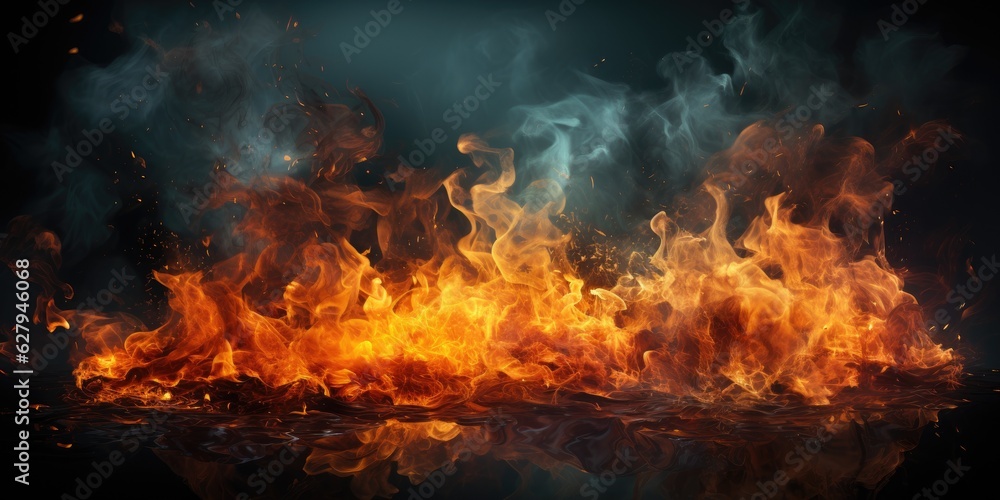 Fire flames and smoke on black background. Generative AI Fire flames and smoke on black background. Generative AI