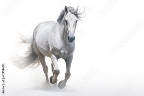 White Andalusian horse with long mane run gallop on white background. Generative AI