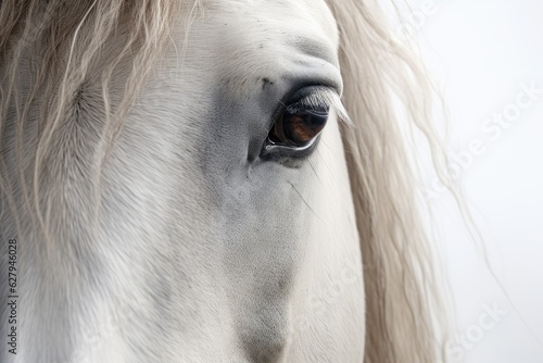 A close up view of the head and eye of an Andalusian horse. Generative AI