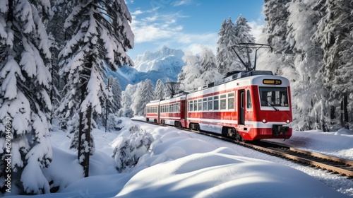 Bernina Express passes through the snowy woods, Switzerland. Generative AI