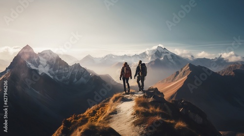 A man and a woman on a rock admires the beautiful views. A couple in love travels together. The tourists traveling through the mountains. Space for text. Generative AI.