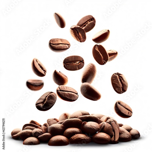 Flying elite medium-rare coffee beans on a white background