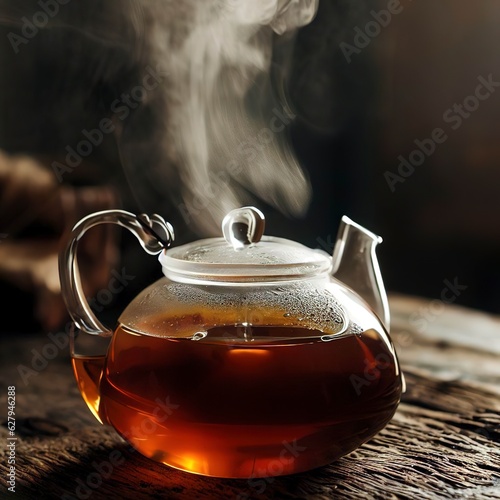 Hot tea is steamed in a glass teapot on a rustic table