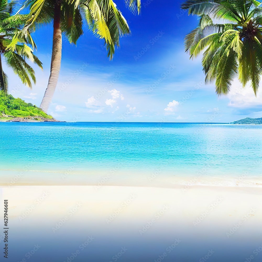 Summer background of Coconut Palm trees on white sandy beach Landscape nature view Romantic ocean bay with blue water and clear blue sky over sea at Phuket island Thailand.