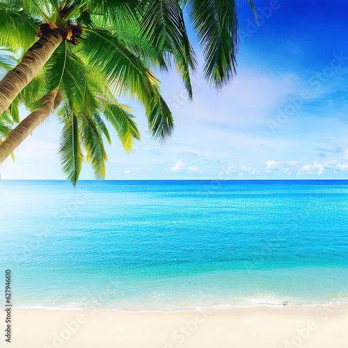 Summer background of Coconut Palm trees on white sandy beach Landscape nature view Romantic ocean bay with blue water and clear blue sky over sea at Phuket island Thailand.