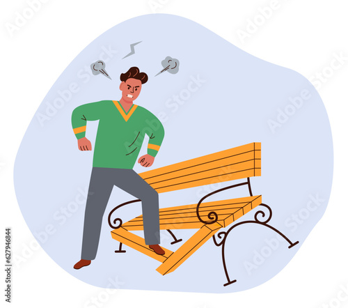 Man breaks bench in anger. Hooliganism flat illustration with vandals.