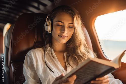 Beautiful girl sitting in an airplane reading book in private plane , Happy young woman air flight passenger reading book , Created with Generative Ai Technology