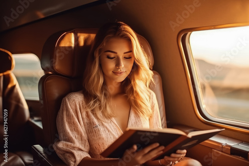 Beautiful girl sitting in an airplane reading book in private plane , Happy young woman air flight passenger reading book , Created with Generative Ai Technology © Atchariya63