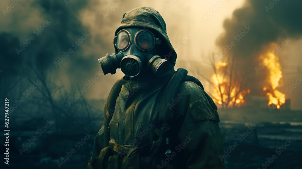 man in a gas mask hazard pollute smoke fire power plant man in a gas mask hazard pollute smoke fire power plant