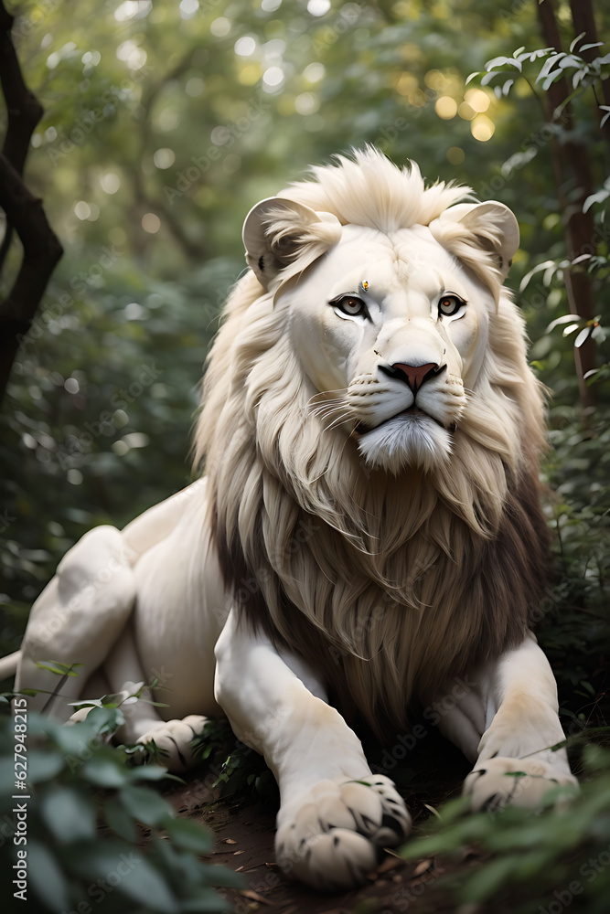 Fototapeta premium A white lion in a forest This image is generated with the use of an AI