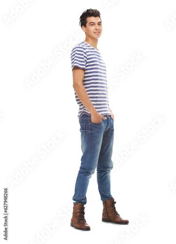 Smile portrait, male teen and gen z fashion with pose and confidence of teenager. Hipster, trendy and isolated on a transparent, png background with stylish and casual clothing and model from Madrid