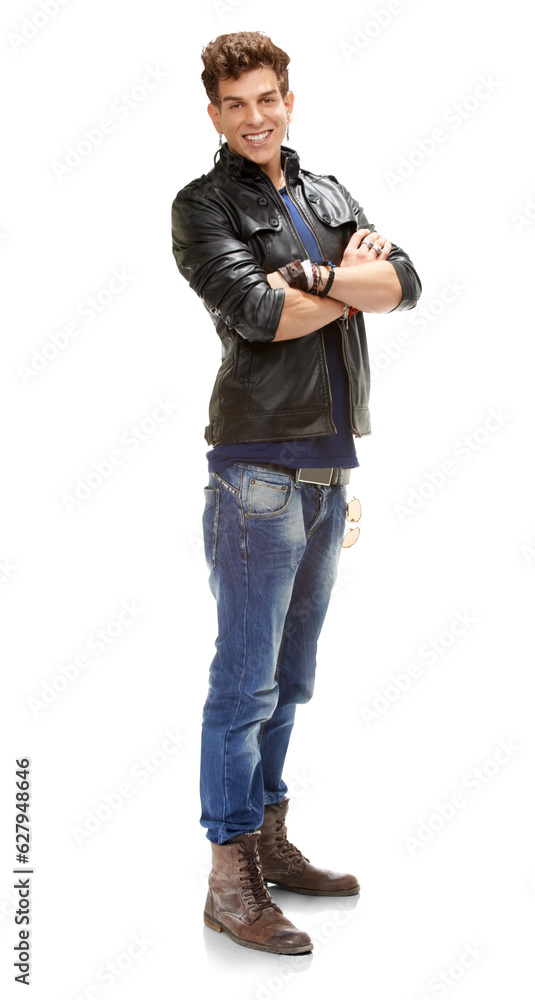 Smile, man and arms crossed with leather jacket, cool fashion and trendy modern clothing. Young male person, handsome and isolated on transparent, png background with rocker model from France Smile, man and arms crossed with leather jacket, cool fashion and trendy modern clothing. Young male person, handsome and isolated on transparent, png background with rocker model from France