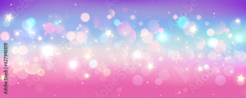 Rainbow unicorn background. Pastel glitter pink fantasy galaxy. Magic mermaid sky with bokeh. Holographic kawaii abstract space with stars and sparkles. Vector
