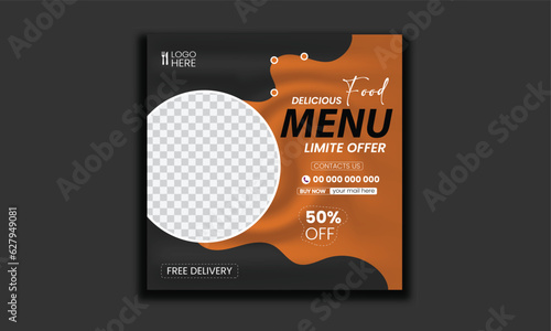 Fast food restaurant business marketing social media post or web banner template design with abstract background, logo and icon. Fresh pizza, burger & pasta online sale promotion flyer or poster.