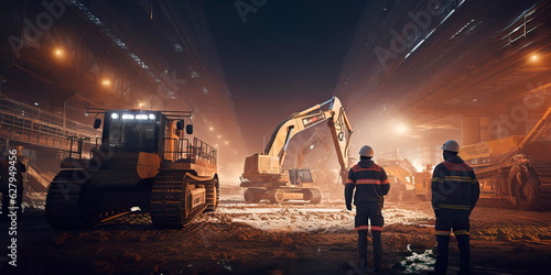 Workers operating heavy machinery in a construction site within the industrial zone. Generative Ai photo