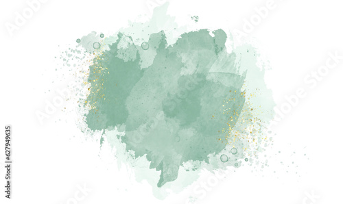 Green watercolor element drawn by brush. Green paints spilled on paper. Golden shiny christmas and Liquid marble texture. Fluid art luxury wallpaper for design, background, invitation ,png file.  © Deemerwha