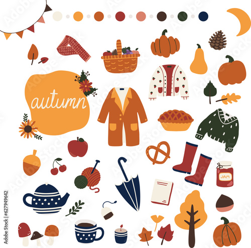 hand drawn vector illustration set of autumn holiday vibe sticker pack. Cute hygge motif elements doodle in flat style design