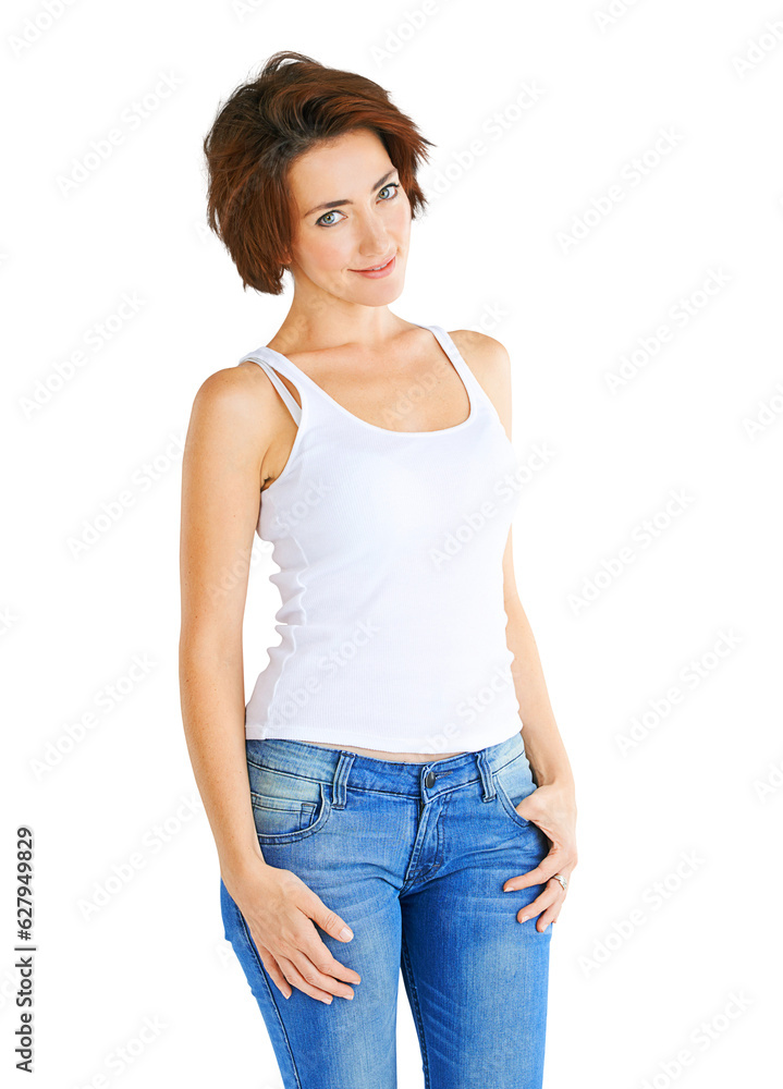 Fashion, beauty and portrait of woman with smile, trendy and cool clothes isolated in a transparent or png background. Confident, natural and young female person in casual or elegant jeans outfit Fashion, beauty and portrait of woman with smile, trendy and cool clothes isolated in a transparent or png background. Confident, natural and young female person in casual or elegant jeans outfit