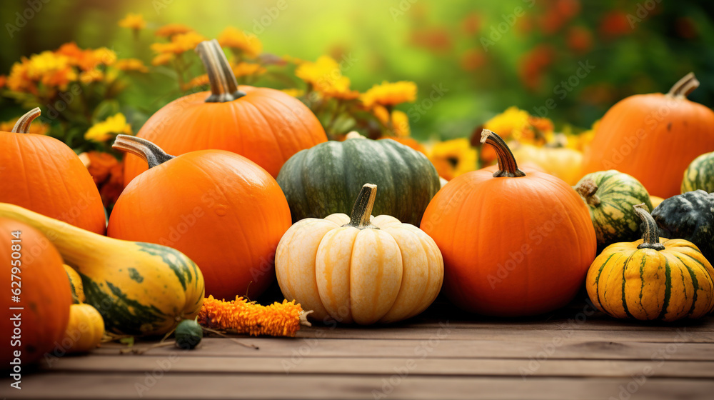 Autumn background with pumpkins. AI