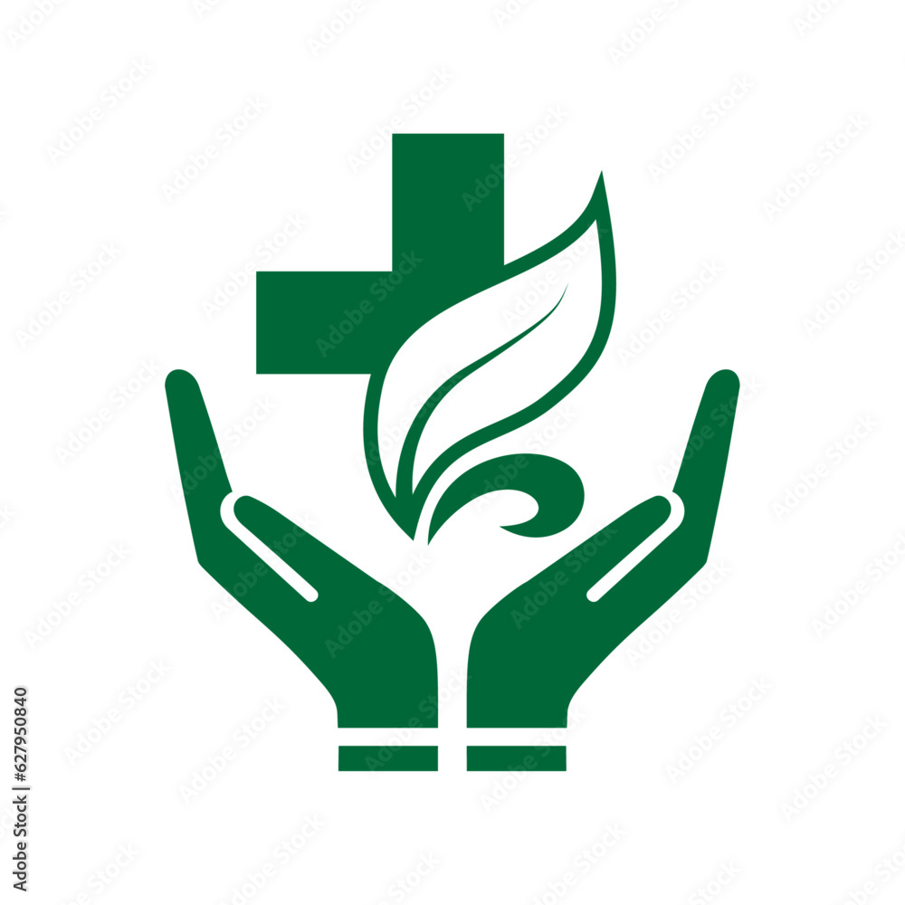 Medical care, healthcare, treatment service, natural, diagnostic centre, stethoscope leaf, plus and hands icon combination vector logo design. Medical care, healthcare, treatment service, natural, diagnostic centre, stethoscope leaf, plus and hands icon combination vector logo design.
