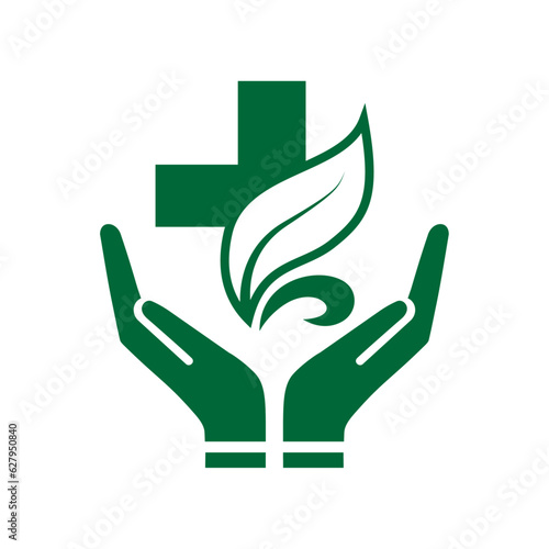 Medical care, healthcare, treatment service, natural, diagnostic centre, stethoscope leaf, plus and hands icon combination vector logo design.