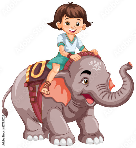 Happy Girl Riding Elephant in Cartoon Style