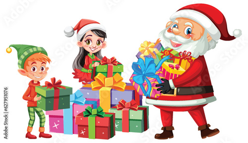 Santa and Elf Preparing Christmas Gift