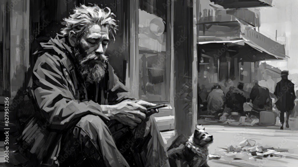 Painting of a homelessness man sitting on a sidewalk  - obrazy, fototapety, plakaty 